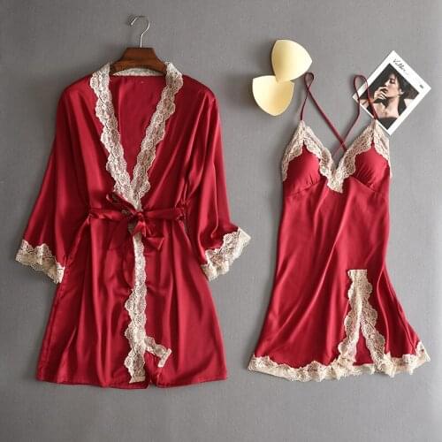 Satin Ice Silk Lace Colorful Peignoir Evening Gowns Long Sleeve V Neck Pajamas Set Women Summer And Spring Loose Soft Pijamas