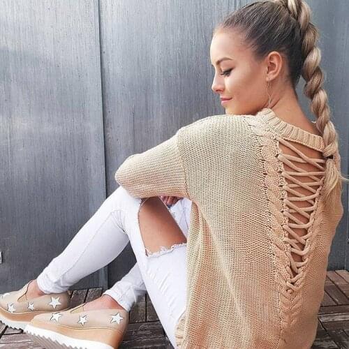 Bella Philosophy women autumn winter new back lace up hollow out causal sweater pull over gray yellow khaki