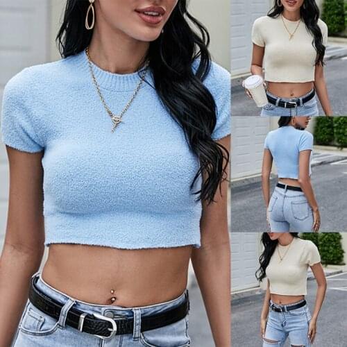 Uclio O-Neck Womens Pullover Short Knit Sweater Solid Color Sexy Short Sleeve T-Shirt