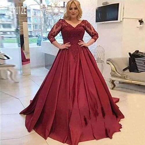 JIERUIZE Burgundy Satin Wedding Dresses V Neck Sheer 3/4 Long Sleeves Lace Up Back Wedding Gowns Bridal Gown vestidos de novia
