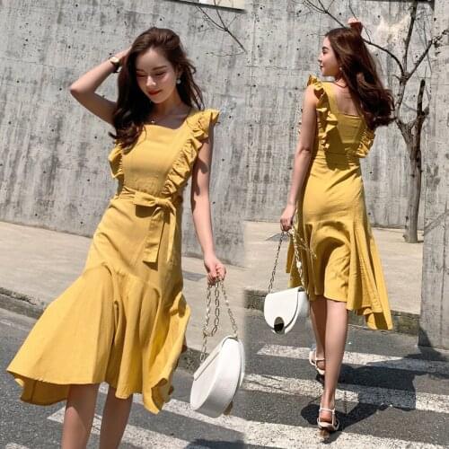 Office Ladies' Sexy Flouncy Dress Fashion Girls Lotus Leaf Sleeves Mermaid skirt Summer Temperament Slim Elegant Famale Dresses