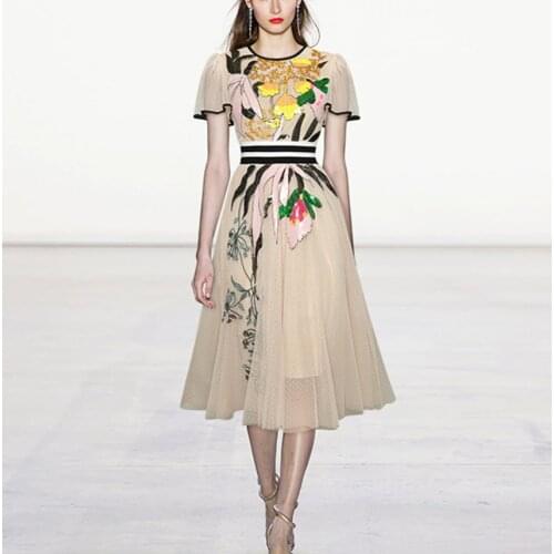 JSXDHK Fashion Summer 2021 Runway Party Dress Luxury Women O Neck Mesh Dot Flower Embroidery Striped Flare Sleeve Midi Dress