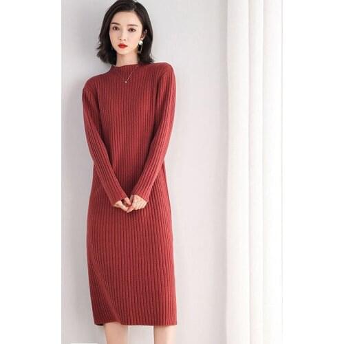 Female Winter Thicken Knitted Dress Women O-Neck Midi Sweater Skater Long Dresses Lady Elegant Loose Pullover Sweater Dresses