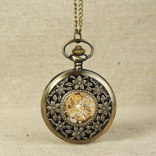 0 Retro Bronze Hollow Pocket Watches Antique Flower Petal Design Skeleton Golden Dial Fob Reloj 2016 Chain Gift Pendant Montre