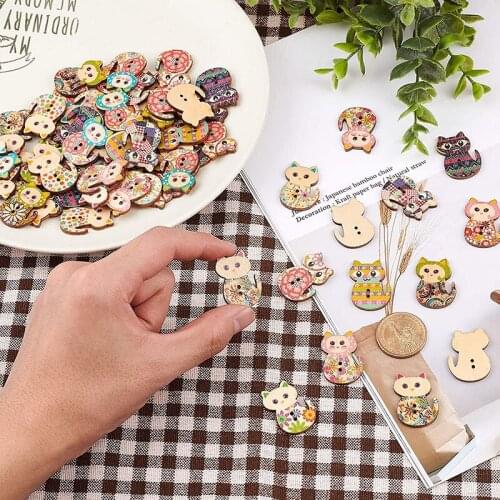 30pcs 30mm Wooden Buttons Mixed Color 2 Holes Cat Shape Pattern Multicolor Ornament Sewing Scrapbooking Needlework Accessories