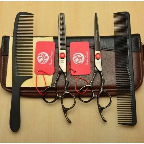4Pcs Suit 9002# 6'' Black 440C Personalized Hairdressing Scissors Cutting + Thinning Scissors Professional Human Hair Scissors