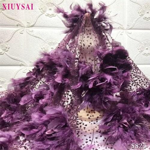 Purple Feather Embroidery African tulle lace fabric 2020 3d flower mesh lace fabric high quality french laces for party 5 yards