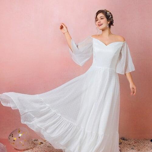 White Simple Evening Dress Pleat Half Sleeves Lace Up Empire Floor-Length Boat Neck Elegant Plus Size Women Formal Gowns D808