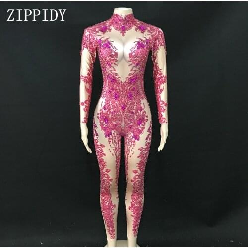 Shining Rose Stones Jumpsuit Spandex Stretch Shining Dance Costume One-piece Bodysuit Nightclub Outfit Party Leggings