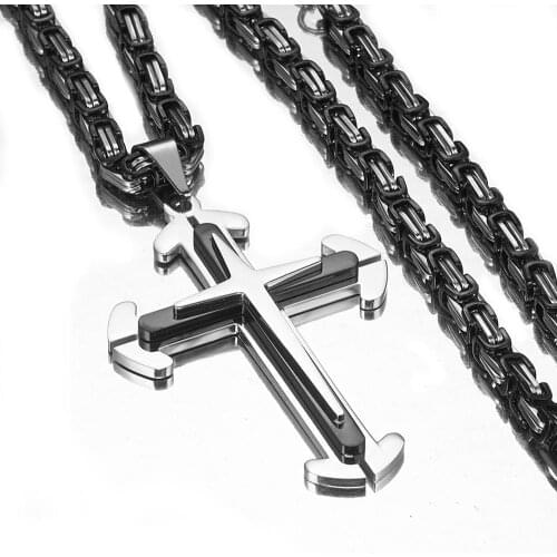 Stainless Steel Big Jesus Cross Pendant With Long Chain Mens Crucifix Necklaces Male Religious Jewelry Dropshipping