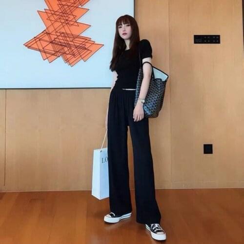 Korean Fashion Slacks Womens Loose Summer Pants Soft Ice Silk Ankle-Length Wide Leg Pants Women Harajuku High Waisted Trousers
