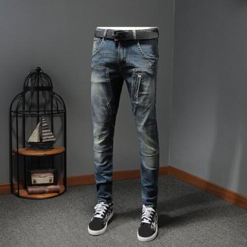 Mens Clothes Vintage Slim Fit Denim Pants Biker Zipper Straight Pencil Jeans Male Casual Fashion Splice Distressed Jean Trousers