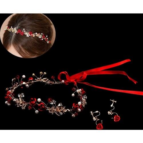 Bride Red Floral Headband Hook Earrings Set Elegant Faux Pearl Crystal Crown Tiaras Prom Headdress Jewelry Hair Accessories