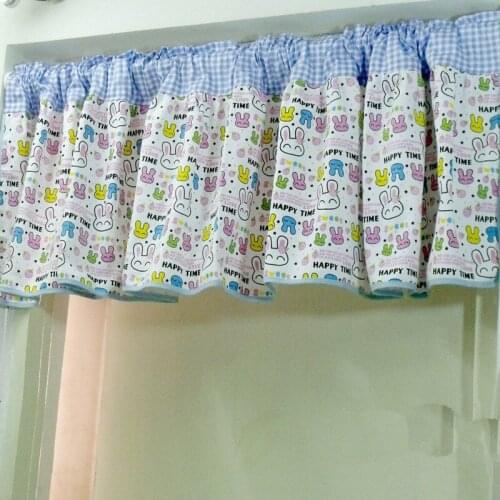 Korean Style Blue Cotton Cartoon Rabbit Printed Plaid Splice Coffee Curtain Kitchen Curtain Decorative Door Curtain