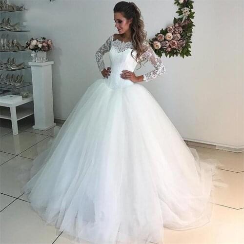 Lace Ball Gown Wedding Dresses 2020 Off The Shoulder Long Sleeves Wedding Bride Gowns Floor Length Plus Size robe de mariee