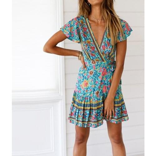 Summer Beach Dress Women Floral Print Boho Mini Dress Ruffles Casual V-Neck Sexy Party Robe Female Clothing Short Sleeve A Line