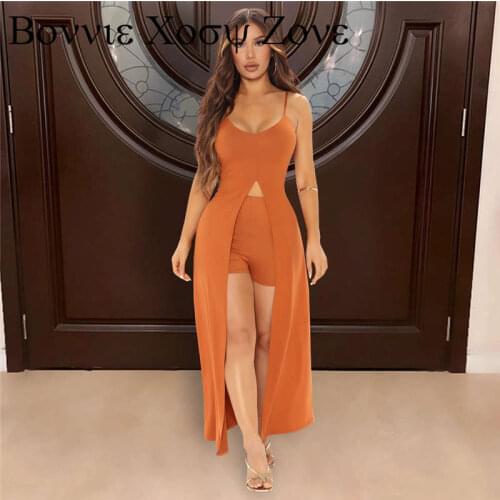 Summer Women Spaghetti Strap Sleeveless Solid Color High Split Top & High Waist Shorts Set