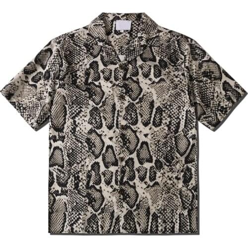 Oversized European summer snake print retro print mens short-sleeved shirt streetwear