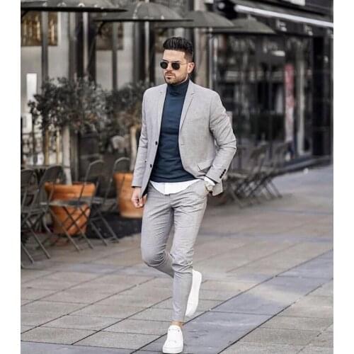 ANNIEBRITNEY Light Gray Casual Men Suits Jacket Pant Design Best Man Suits Party Prom Blazer Custom Made Wedding Groom Tuxedos