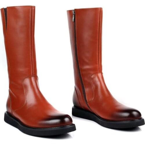 Mens Winter Boots Knee High Zipper Flats Motor Biker Shoes Male Luxury Genuine Leather Military Boots Army Comat Footwear