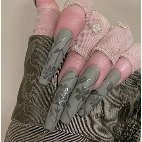 Fake Nails Green Pear And Green Petals Wear Nail Stickers Finished Nails 24 Nail Stickers With Glue Birthday Gift Fake Nails