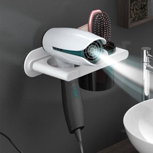 Wall Mounted Hair Dryer Holder Storage Rack Self-Adhesive Hair Dryer Rack Punch-Free Bathroom Supplie Shelf Organizer Accessorie