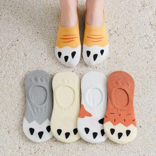 5 Pairs of 5 Colors Spring and Summer New Womens Cotton Cats Claw Boat Socks Cartoon Shallow Mouth Short Breathable Invisible