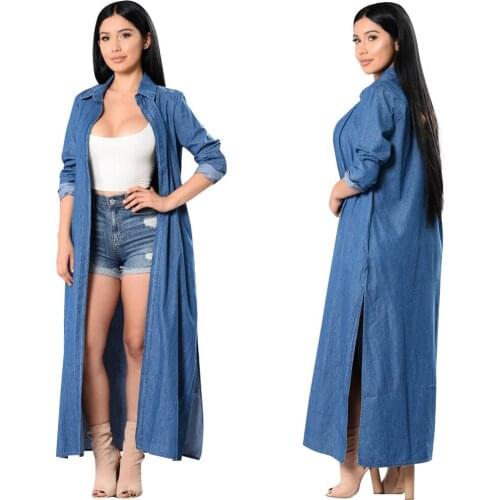 2020 New Womens Fashion Kimono Jacket Jeans Long Sleeve Solid Color Lapel Long-Style Windbreaker Leisure Time Versatile