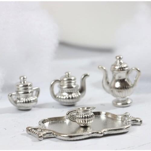 New 5pcs/Set 1:12 Dollhouse Miniature Metal Kitchen Tea Set Pot Flagon Plate Model For Dollhouse Decoration