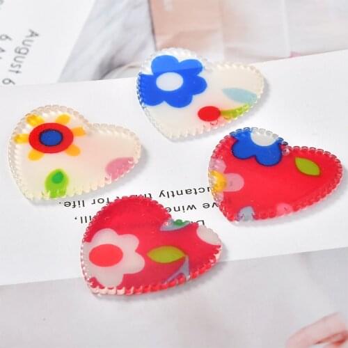 New style 30pcs/lot color fabric flowers print cartoon hearts shape acrylic beads diy jewelry earring/garment pendant accessory