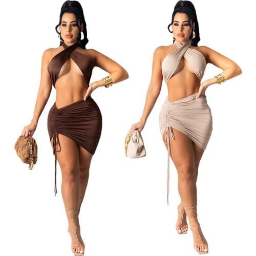 New European and American Womens Sexy Solid Color Tube Top Halter Neck Drawstring Skirt Suit