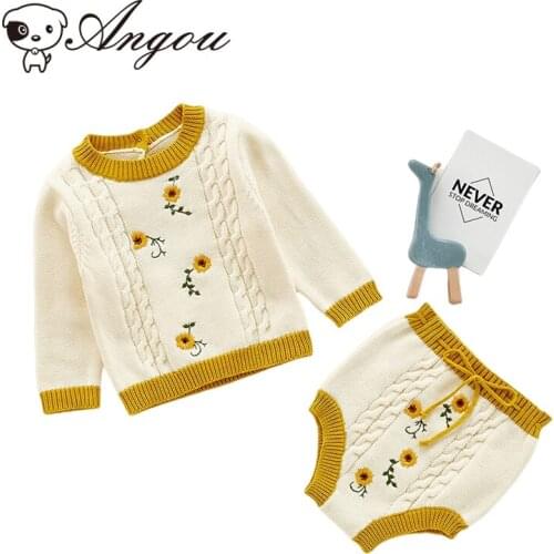 Angou Autumn Baby Girls Sets Baby Girls Flower Embroidery Knitting Clothing Sets Long sleeve Tops+PP Shorts Toddler Baby Clothes