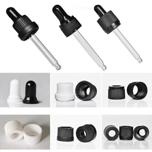 50pcs/lot Plastic Black/White Screw Press Dropper Cover Cap with glass pipette for 5/10/15/20/30/50/100ml essential oil bottles