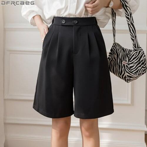 Black Or White Summer Shorts Women Casual Loose Wide Leg Short Femme Elastic High Waist Bermuda Femme Knee Length Short Pants