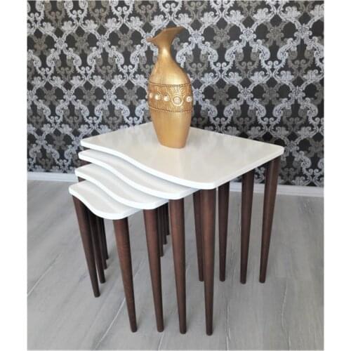 Modern 'kuğu Series ''4'lü Zigon Coffee table Set-Trays White-Feet Walnut Color coffe table