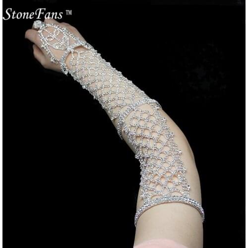 StoneFans Rhionestone AB Long Leaves Bracelet And Bangles With Ring Bestmen Wedding Cuff Arm Bracelets For Women Wedding Present