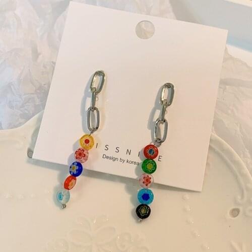 VSnow Fashion Candy Colors Beaded Glass Flower Dangle Earring for Women Summer Chunky Chain Metallic Long Tassel Earring Jewelry