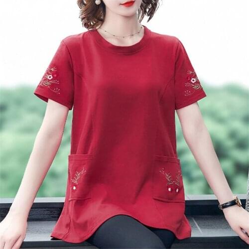 XL-6XL Womens Summer Casual Round Neck Short Sleeve Flower Print Loose Shirt Tops Fashion Embroidered Cotton and Linen T-shirt