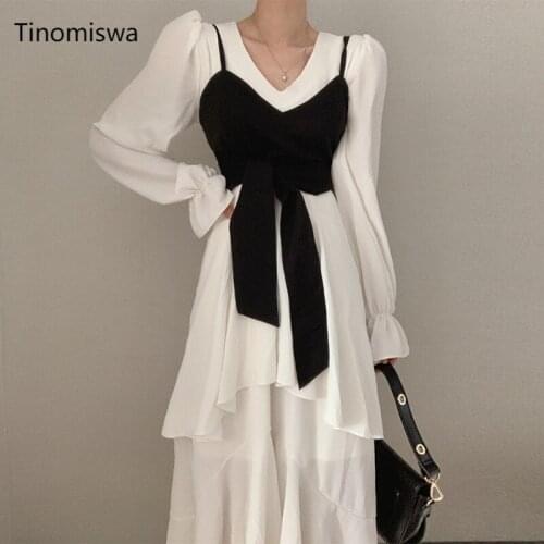 Ruffle Patchwork A Line Mid Calf Dress Women V Neck Long Sleeve Solid Color Korean Chic Dresses Female Irregular Vestidos Mujer