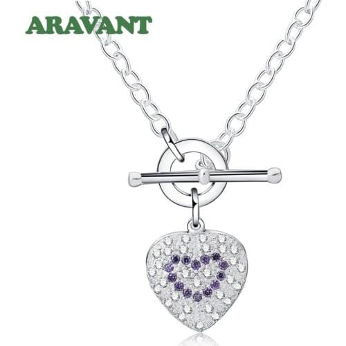 Silver 925 Jewelry Crystal Heart Pendant Toggle Clasp Necklace For Women Luxury Silver Jewelry