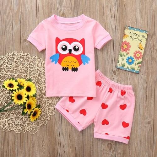 2021 Childrens 2pcs outfit Girl Cartoon short sleeve cotton set Giraffe owl cat face print cute Leisure wear pajamas ST20010