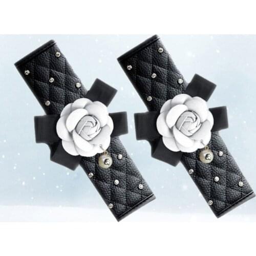 2pcs Car Seat Belt Cover Beautiful Creative Camellia Drill Decor Seat Belt Cover for Woman Lady Girl (Black White Camellia Patte