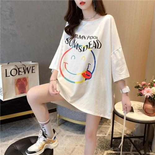 2021 Women Summer T Shirt Smiling Face Pattern Three Quarter Sleeves Loose long Style Cotton T-shirt
