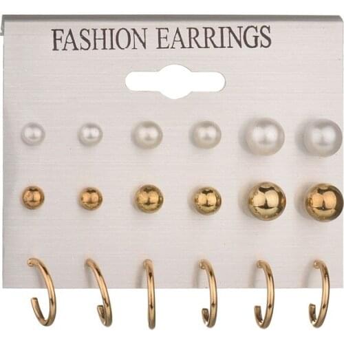 9 Pairs/Set Fashion Stud Earring Set Mix Women Gold Color Metal Round Ball Simulated Pearl Circle Brincos 2018 NEW