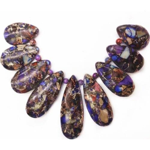 9Pcs/set 44x16x7mm-25x16x7mm Wholesale Purple Sea Sediment Jasper & Pyrite Teardrop Pendant Bead S46