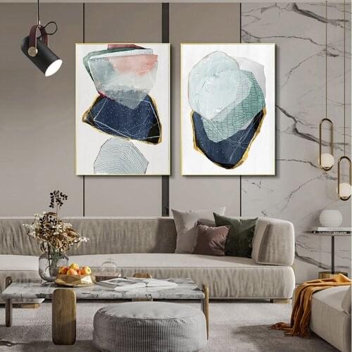 Abstract Geometric Color Block Canvas Marble Poster Print Dark Blue Golden Wall Art Pictures Painting For Living Room Home Decor