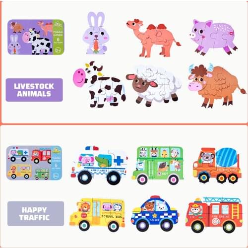 Besegad Kids Puzzles 6 in1 Cute Cartoon Wooden Jigsaw Puzzle Game Early Educational Toys with Box for Children Toddler Ages 3