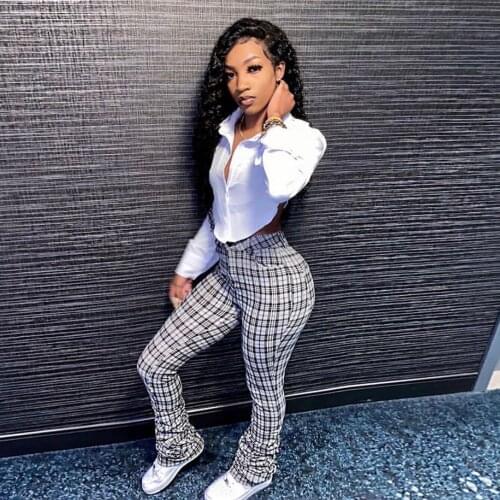 HHDMV 2021 Fashion New Lady Spring Street Causal Style Long Pants Buttons High Waist Plaid Pockets Tight Simple Long Pants