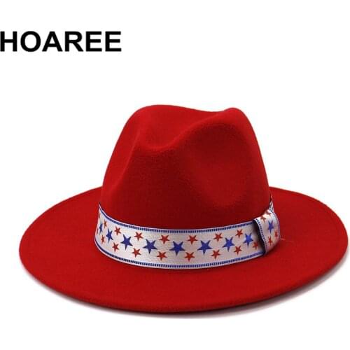 HOAREE Red Wool Star Print Vintage Hats for Women Men Women Fedora Wide Brim Hat British Style Sombrero Khaki Felt Jazz Cap