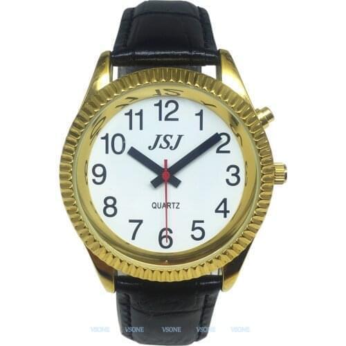 Italian Talking Watch with Alarm Function, Talking time, White Dial, Black Leather Band, Golden Case B4-G207W-TI